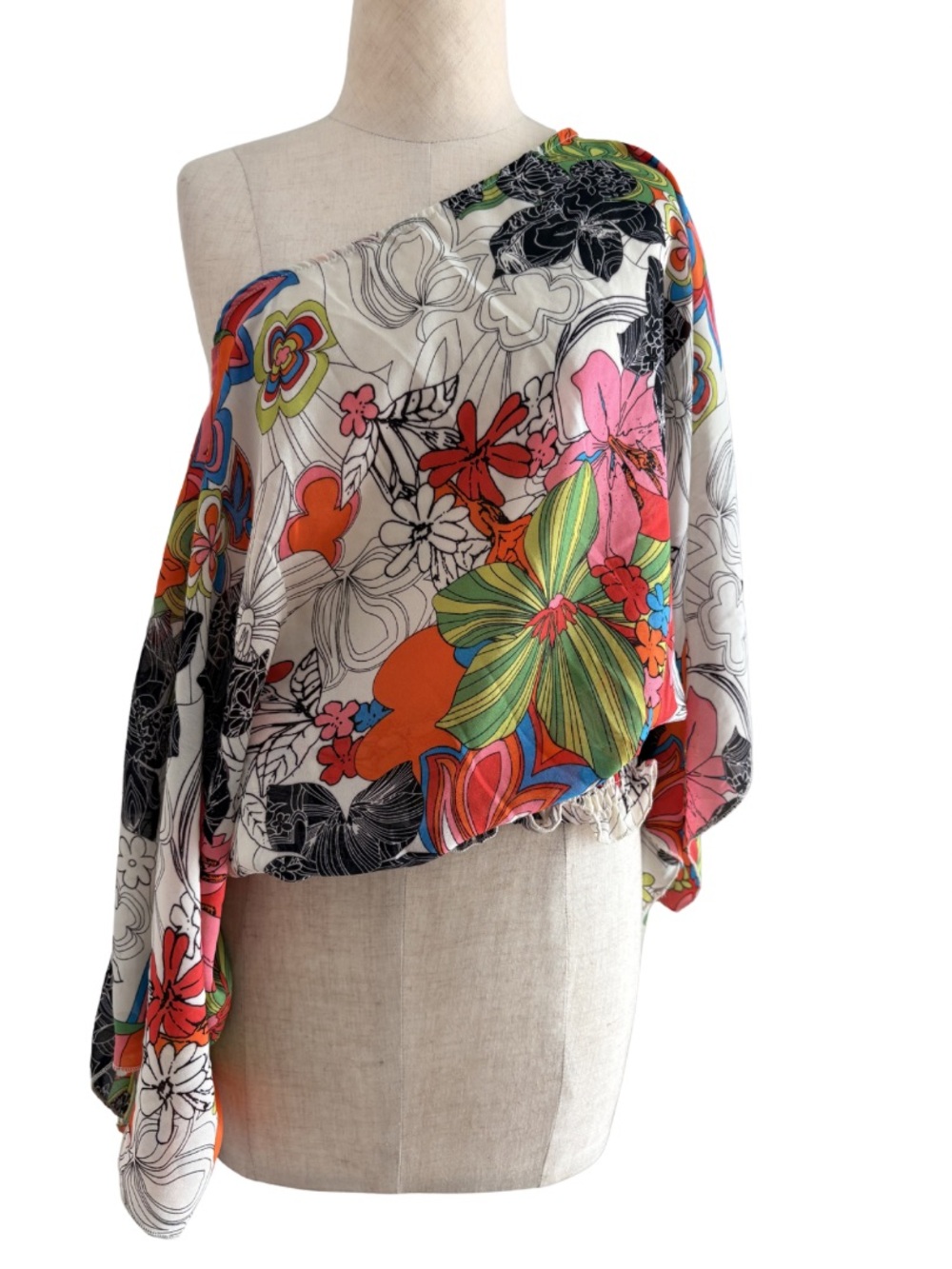 Vintage Y2K Womens Small Floral Open Off Shoulder Ruched Hem Boho Fairycore Top